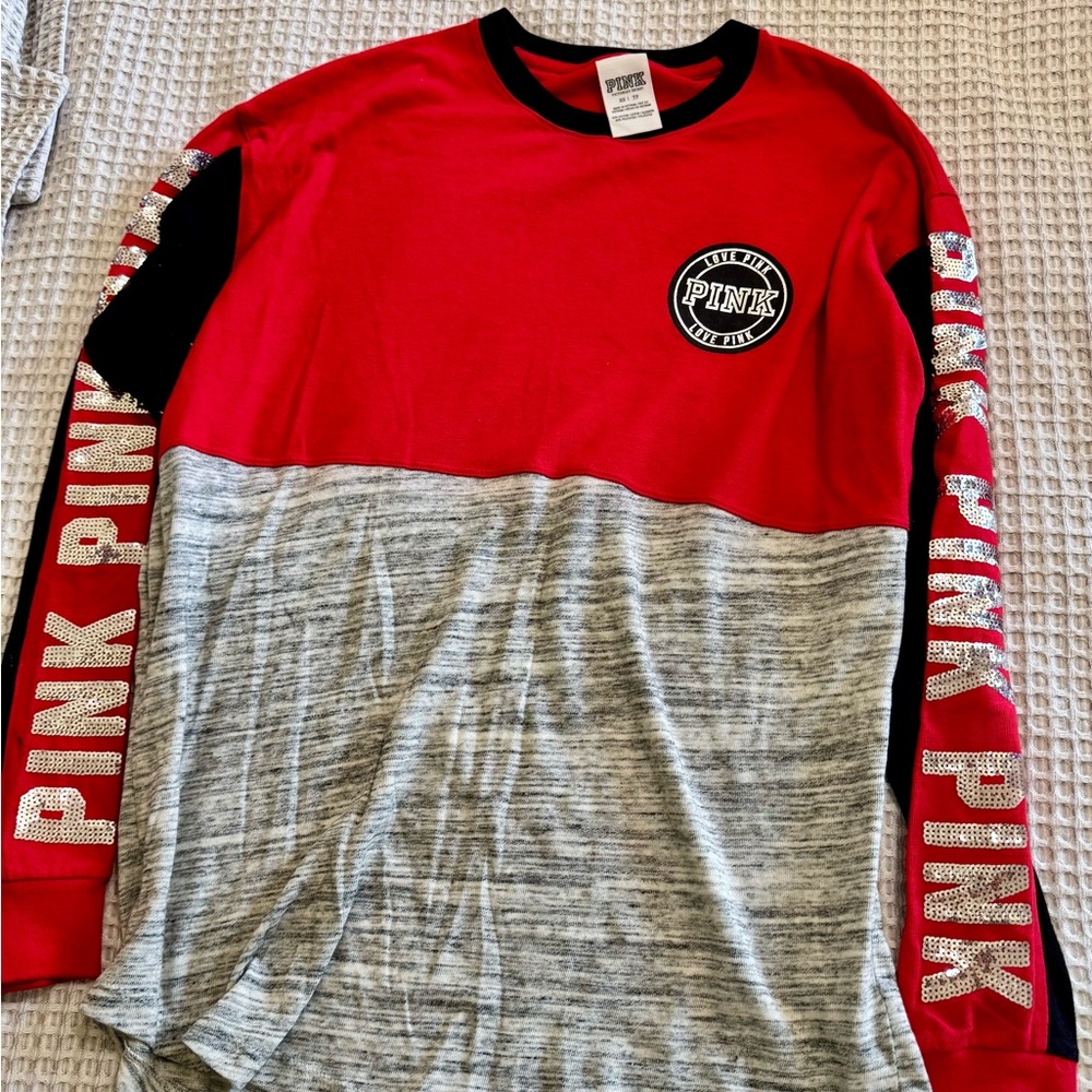 PINK Victoria's Secret Color-Block Red and Gray Long Sleeve Tee